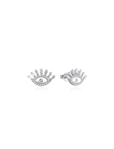 Puces d'Oreilles OEIL et Nacre avec cils en diamants forme Baguette