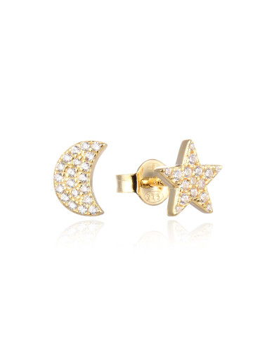 Puces d'Oreilles  Étoile + Lune pavées de diamants or jaune