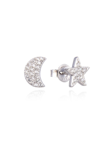 Puces d'Oreilles  Étoile + Lune pavées de diamants en argent