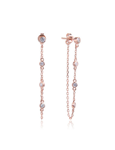 Puces d'Oreilles Chaînes Multi-Diamants Pendantes un trou et 4 brillants en serti Clos or fin  rose