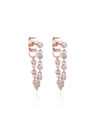 Puces d'Oreilles Mini Chaînes Multi-Diamants Pendantes un trous +  8 brillants en serti Clos or rose