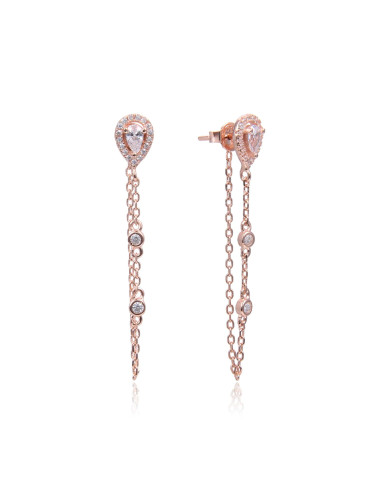 Puces d'Oreilles Poires un trou + Chaînes 2 Diamants serti Clos or rose