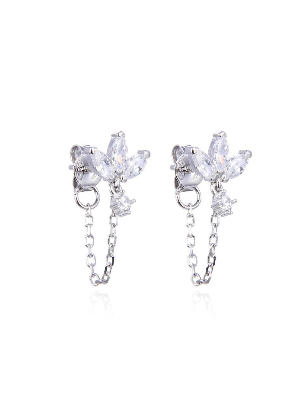 Puces d'Oreilles Brillants 3 Marquises + Chaîne  breloque diamant argent massif