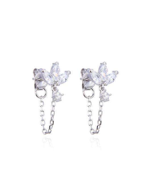 Puces d'Oreilles Brillants 3 Marquises + Chaîne  breloque diamant argent massif