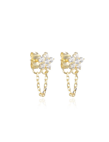 Puces d'Oreilles Brillants Petite Fleur avec Chaîne - Or Fin, Argent