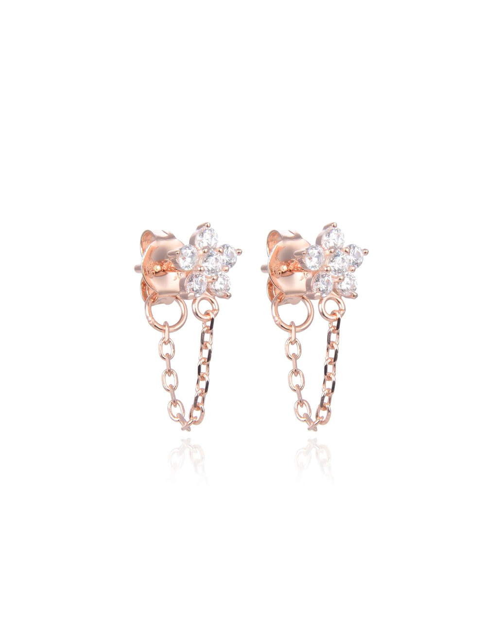 Puces d'Oreilles Brillants Petite Fleur avec Chaîne - Or Fin, Argent