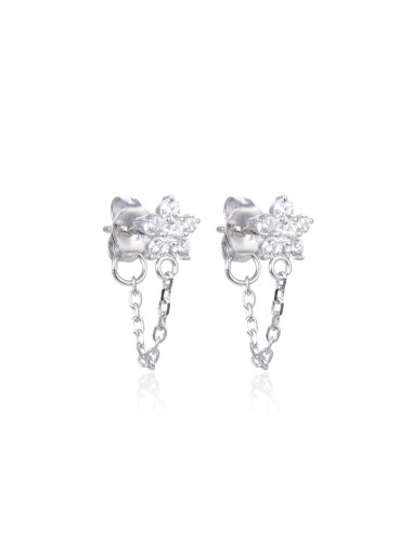 Puces d'Oreilles Brillants Petite Fleur avec Chaîne - Or Fin, Argent