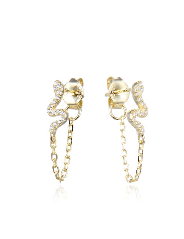 Puces d'Oreilles Brillants Petit Charms SERPENT avec une Chaîne or jaune