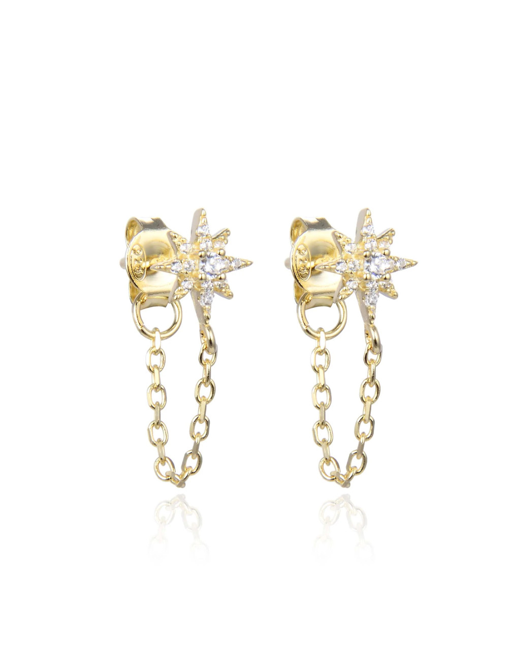 Puces d'Oreilles Brillants Petit Charms FLOCON avec une Chaîne or jaune