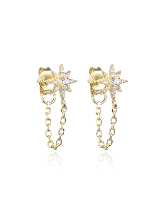 Puces d'Oreilles Brillants Petit Charms FLOCON avec une Chaîne or jaune