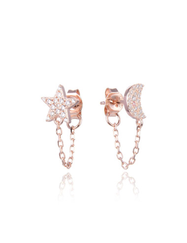 Puces Chaînes d'Oreilles  une Étoile et Une Lune pavées de diamants or rose