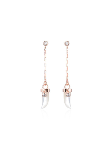 Puces d'Oreilles Chaînes CORNE Nacre + Charms Brillants serti clos  or rose