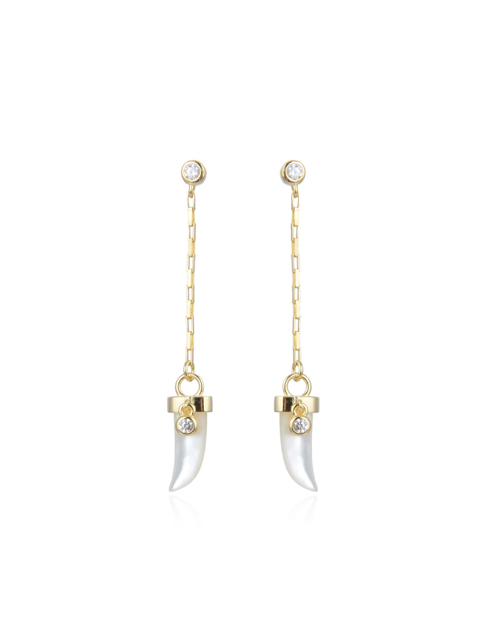 Puces d'Oreilles Chaînes CORNE Nacre + Charms Brillants serti clos or jaune