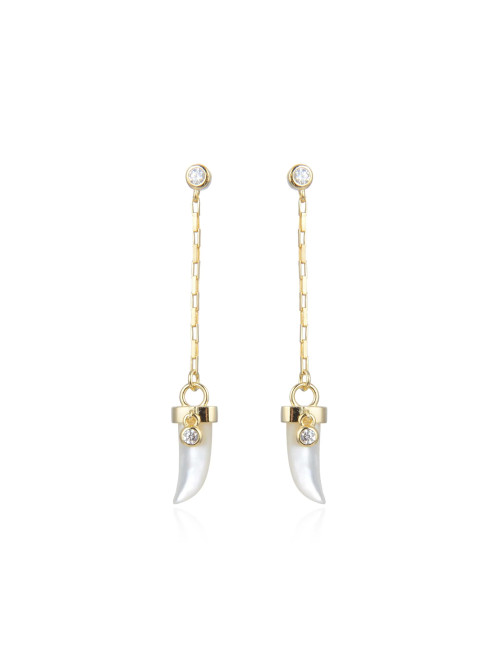 Puces d'Oreilles Chaînes CORNE Nacre + Charms Brillants serti clos or jaune