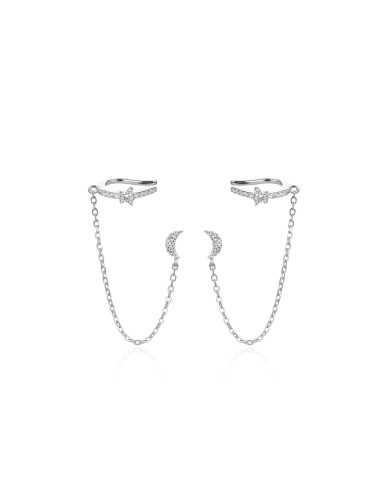 Boucles d'Oreilles Clip forme Créole sur Chaîne avec Puces LUNE argent massif