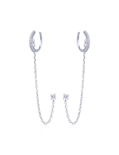 Boucles d'Oreilles Créole + Chaîne+ Puces d'oreille brillant rond + argent Massif