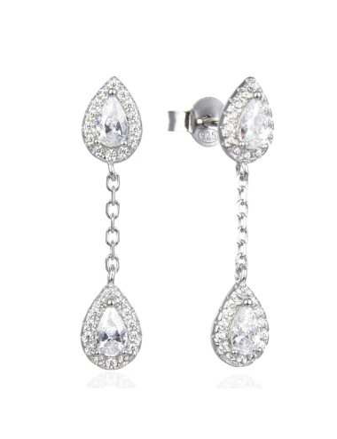 Boucles d'Oreilles Poires Pendantes 2 Brillants avec Chaînes argent massif