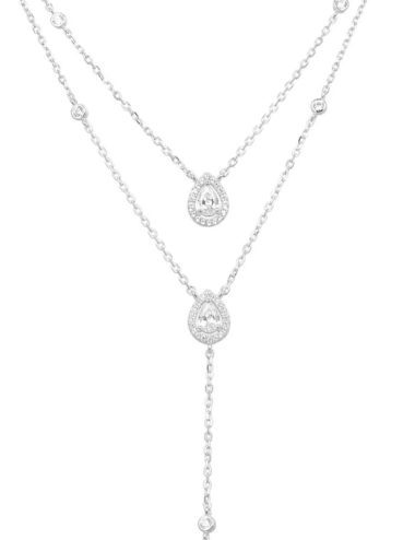 Double Collier: ras-du-cou et Cravate Brillants Poires- Argent, Or