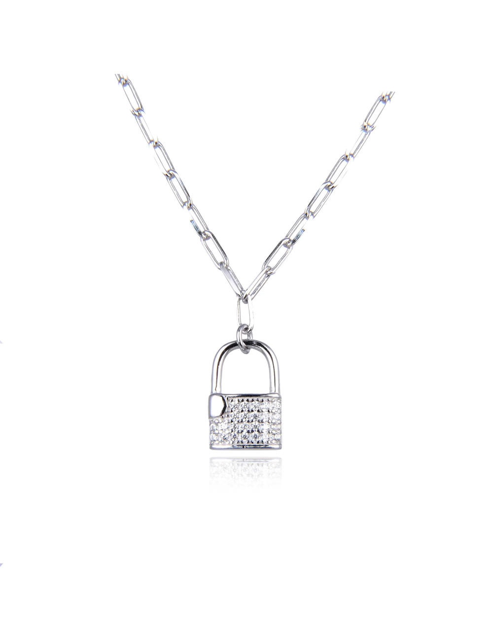 Collier Maille XXL Cadenas pavé de diamant en  Oxyde en Argent Massif