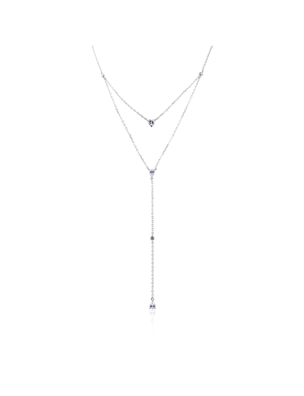 Collier Sautoir  Double Pierres Diamants Poires et Coeur- Or fin