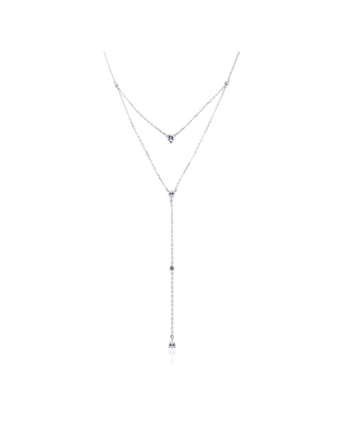 Collier Sautoir  Double Pierres Diamants Poires et Coeur- Or fin