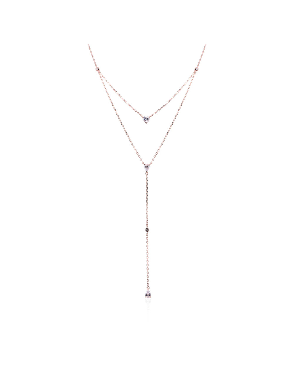 Collier Sautoir  Double Pierres Diamants Poires et Coeur- Or fin