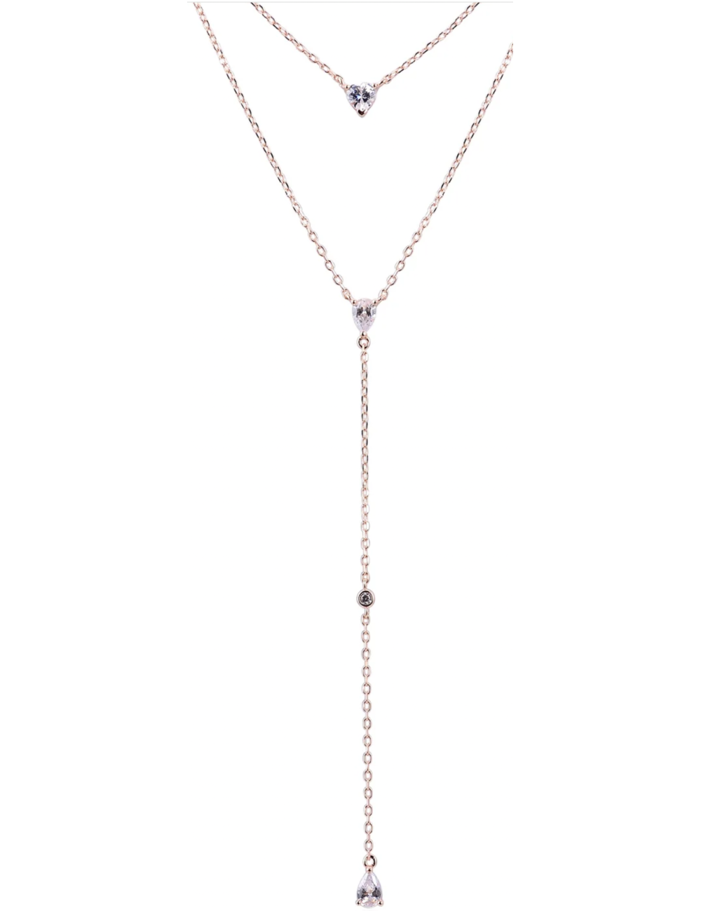 Collier Sautoir  Double Pierres Diamants Poires et Coeur- Or fin